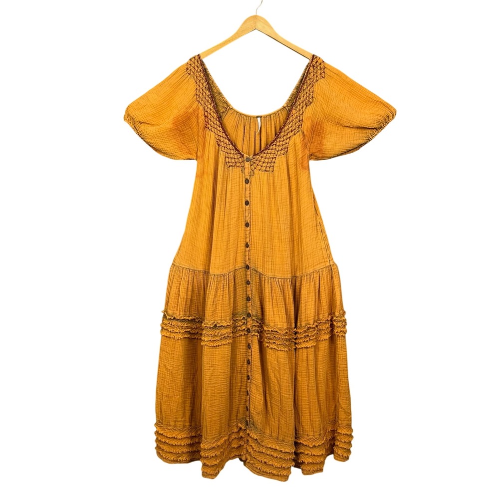 Free People Sunday Stroll Maxi Dress Womens L Cotton Gauze Tiered Pockets Boho